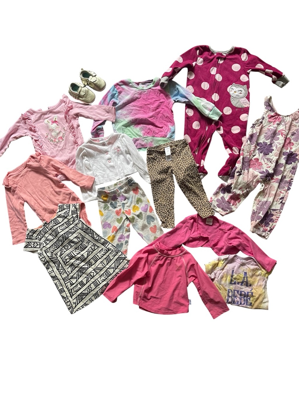 Baby Girl 12M Bundle (14 ) Floral Jumpsuit Gold Moccasins Sleeper pants sweater